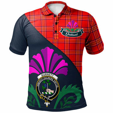 Scottish Burnett Clan Crest Tartan Polo Shirt - Scotland Thistle Style Front Side Tartan Plaid