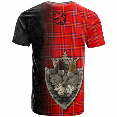 Scottish Burnett Clan Crest Tartan T-Shirt - Half Thistle Flowers Celtic Design Back Side Tartan Plaid
