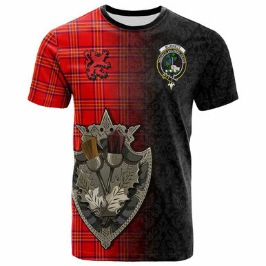 Scottish Burnett Clan Crest Tartan T-Shirt - Half Thistle Flowers Celtic Design Front Side Tartan Plaid