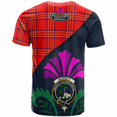 Scottish Burnett Clan Crest Tartan T-Shirt - Scotland Thistle Style Back Side Tartan Plaid