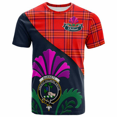 Scottish Burnett Clan Crest Tartan T-Shirt - Scotland Thistle Style Front Side Tartan Plaid