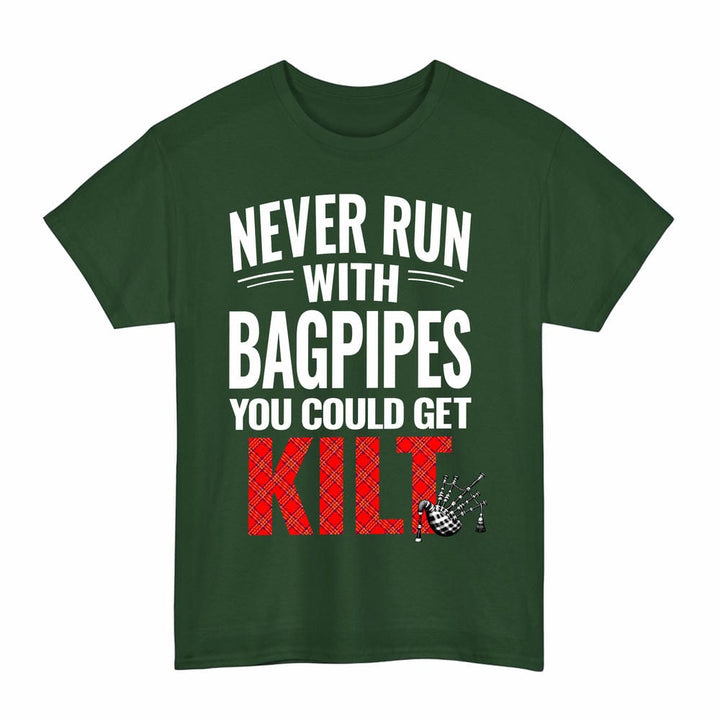 Scottish Burnett Modern Clan Tartan Never Run With Bagpipes T-Shirt Tartan Plaid Forest Green Color