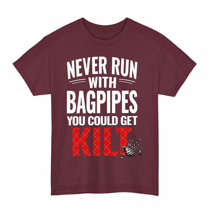 Scottish Burnett Modern Clan Tartan Never Run With Bagpipes T-Shirt Tartan Plaid Maroon Color