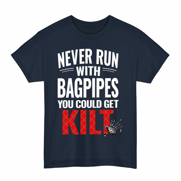 Scottish Burnett Modern Clan Tartan Never Run With Bagpipes T-Shirt Tartan Plaid Navy Color