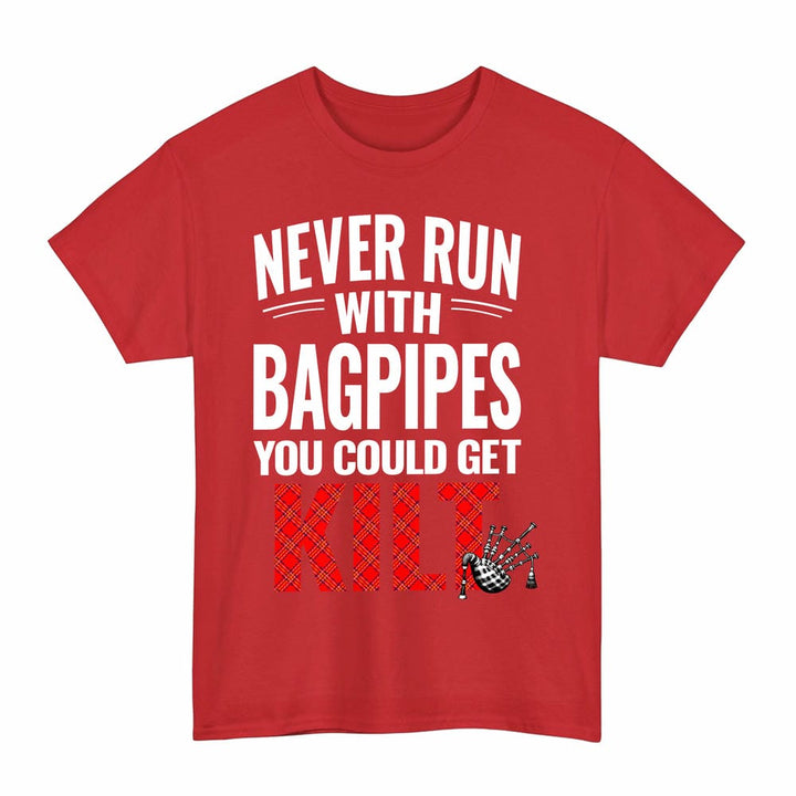 Scottish Burnett Modern Clan Tartan Never Run With Bagpipes T-Shirt Tartan Plaid Red Color
