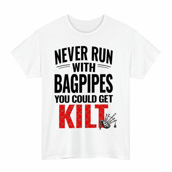 Scottish Burnett Modern Clan Tartan Never Run With Bagpipes T-Shirt Tartan Plaid White Color