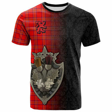 Scottish Burnett Modern Clan Tartan T-Shirt - Half Thistle Flowers Celtic Design Front Side Tartan Plaid