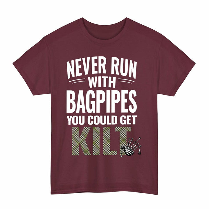 Scottish Burns Check Clan Tartan Never Run With Bagpipes T-Shirt Tartan Plaid Maroon Color