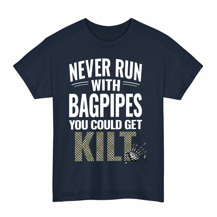 Scottish Burns Check Clan Tartan Never Run With Bagpipes T-Shirt Tartan Plaid Navy Color