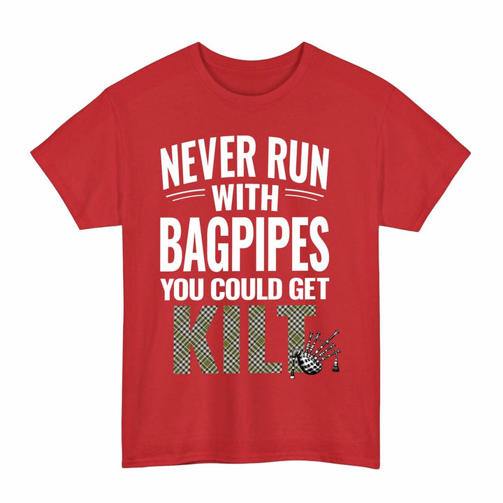 Scottish Burns Check Clan Tartan Never Run With Bagpipes T-Shirt Tartan Plaid Red Color
