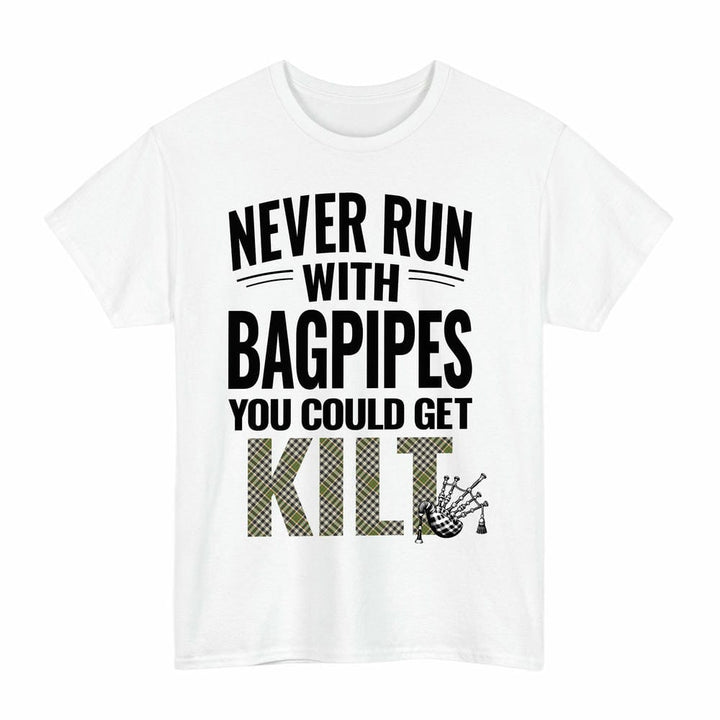 Scottish Burns Check Clan Tartan Never Run With Bagpipes T-Shirt Tartan Plaid White Color