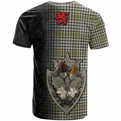Scottish Burns Check Clan Tartan T-Shirt - Half Thistle Flowers Celtic Design Back Side Tartan Plaid