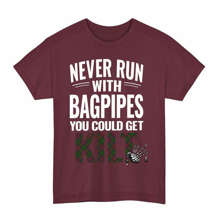 Scottish Cairns Clan Tartan Never Run With Bagpipes T-Shirt Tartan Plaid Maroon Color
