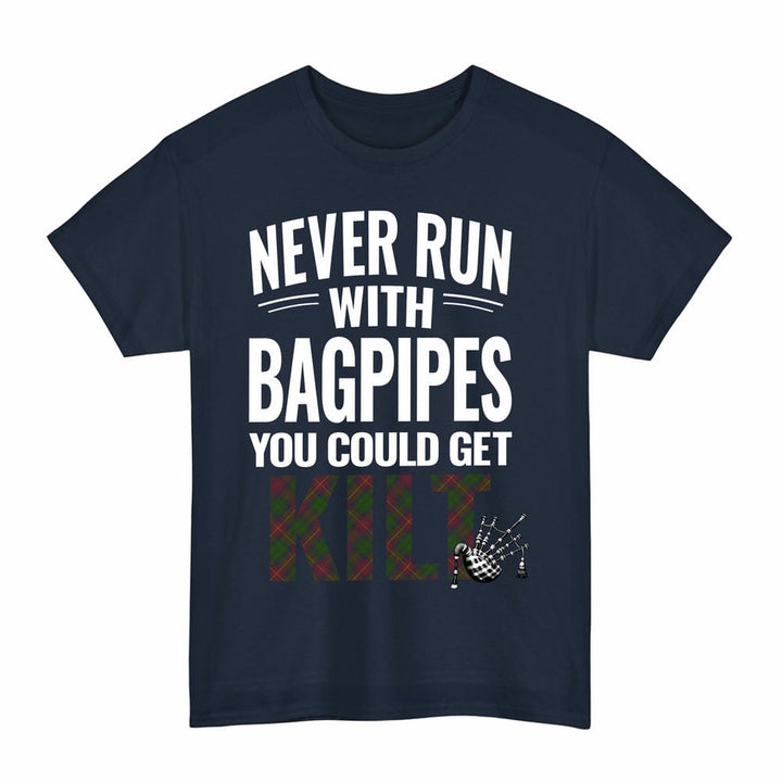 Scottish Cairns Clan Tartan Never Run With Bagpipes T-Shirt Tartan Plaid Navy Color