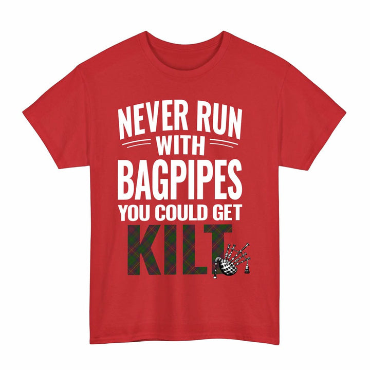 Scottish Cairns Clan Tartan Never Run With Bagpipes T-Shirt Tartan Plaid Red Color