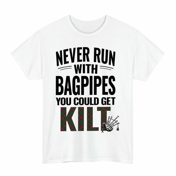 Scottish Cairns Clan Tartan Never Run With Bagpipes T-Shirt Tartan Plaid White Color