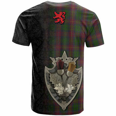 Scottish Cairns Clan Tartan T-Shirt - Half Thistle Flowers Celtic Design Back Side Tartan Plaid