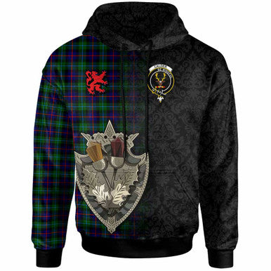 Scottish Calder Clan Crest Tartan Hoodie - Half Thistle Flowers Celtic Design Front Side Tartan Plaid
