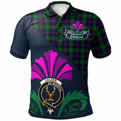 Scottish Calder Clan Crest Tartan Polo Shirt - Scotland Thistle Style Front Side Tartan Plaid