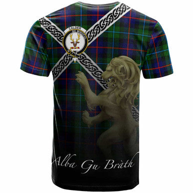 Scottish Calder Clan Crest Tartan T-Shirt - Celtic With Scotland Lion Back Side Tartan Plaid