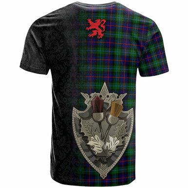 Scottish Calder Clan Crest Tartan T-Shirt - Half Thistle Flowers Celtic Design Back Side Tartan Plaid