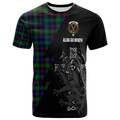 Scottish Calder Clan Crest Tartan T-Shirt - Lion Rampant Celtic Cross Flash Style Front Side Tartan Plaid