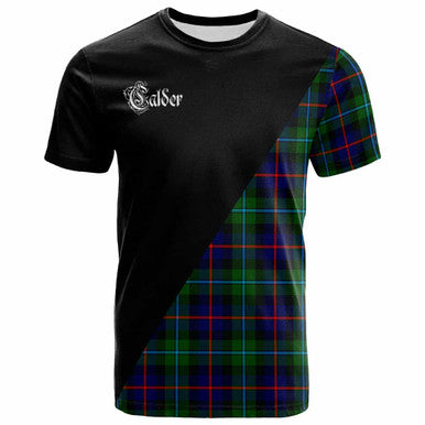 Scottish Calder Clan Crest Tartan T-Shirt - Military Logo Front Side Tartan Plaid