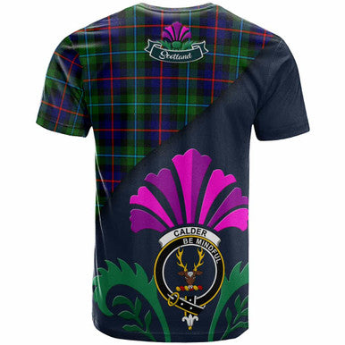 Scottish Calder Clan Crest Tartan T-Shirt - Scotland Thistle Style Back Side Tartan Plaid