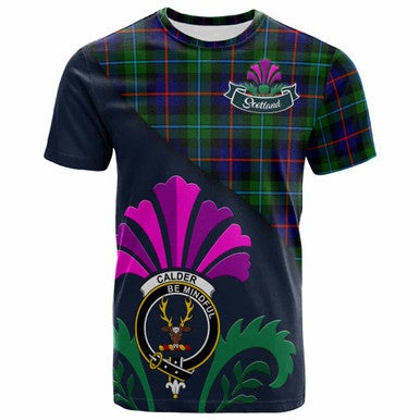 Scottish Calder Clan Crest Tartan T-Shirt - Scotland Thistle Style Front Side Tartan Plaid