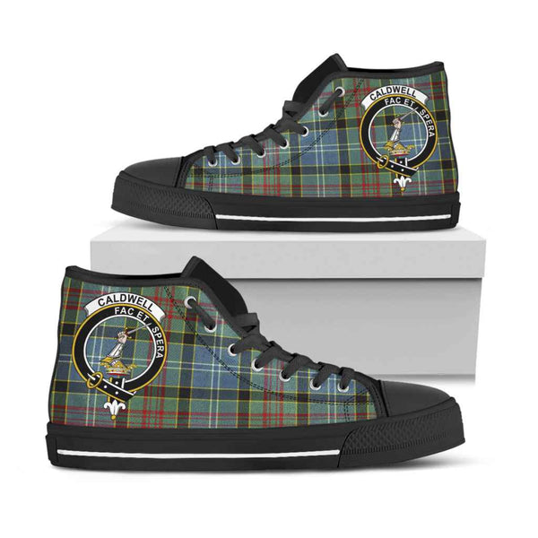 Scottish Caldwell Clan Crest Tartan High Top Shoes Black Sole Tartan Plaid