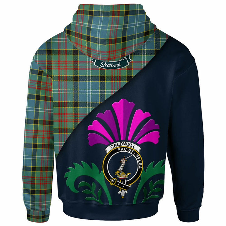 Scottish Caldwell Clan Crest Tartan Hoodie - Scotland Thistle Style Back Side Tartan Plaid