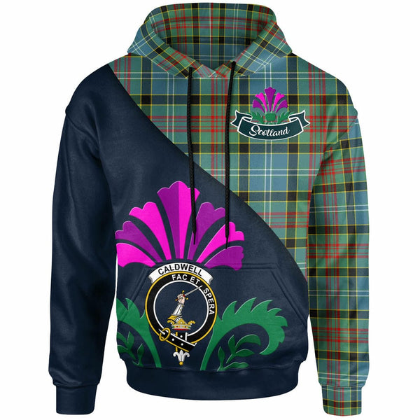 Scottish Caldwell Clan Crest Tartan Hoodie - Scotland Thistle Style Front Side Tartan Plaid