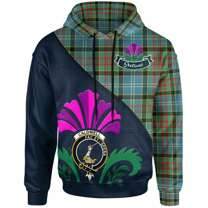 Scottish Caldwell Clan Crest Tartan Hoodie - Scotland Thistle Style Front Side Tartan Plaid