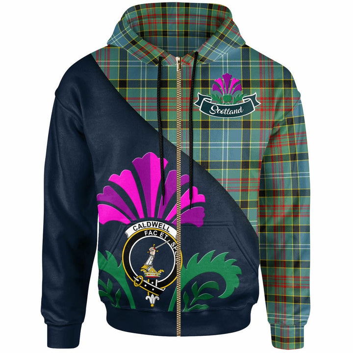 Scottish Caldwell Clan Crest Tartan Hoodie - Scotland Thistle Style Zip-up Tartan Plaid