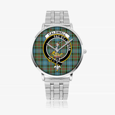 Scottish Caldwell Clan Crest Tartan Instafamous Steel Quartz Watches Tartan Plaid Silver 1