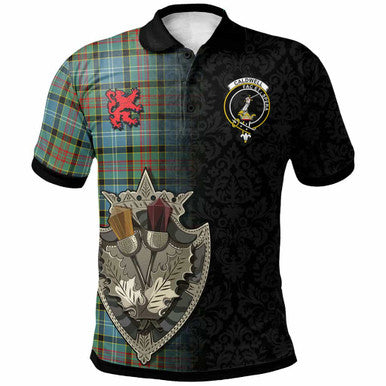 Scottish Caldwell Clan Crest Tartan Polo Shirt - Half Thistle Flowers Celtic Design Front Side Tartan Plaid