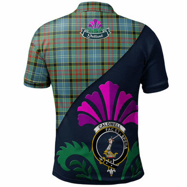 Scottish Caldwell Clan Crest Tartan Polo Shirt - Scotland Thistle Style Back Side Tartan Plaid