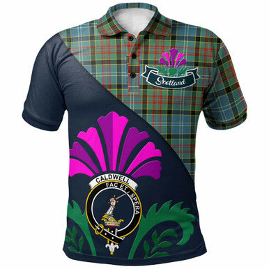 Scottish Caldwell Clan Crest Tartan Polo Shirt - Scotland Thistle Style Front Side Tartan Plaid