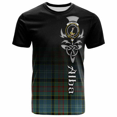 Scottish Caldwell Clan Crest Tartan T-Shirt - Alba Gu Brath Family Crest Celtic Inspired Front Side Tartan Plaid