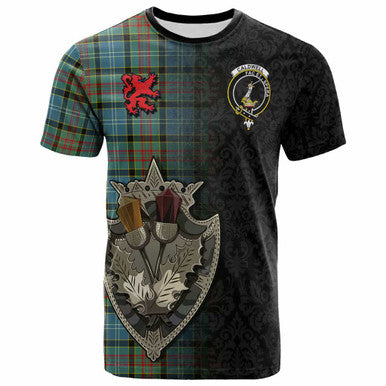 Scottish Caldwell Clan Crest Tartan T-Shirt - Half Thistle Flowers Celtic Design Front Side Tartan Plaid