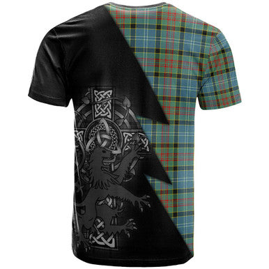 Scottish Caldwell Clan Crest Tartan T-Shirt - Lion Rampant Celtic Cross Flash Style Back Side Tartan Plaid
