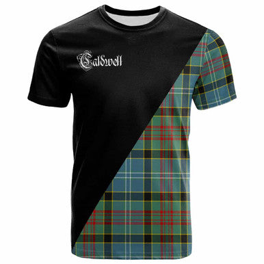 Scottish Caldwell Clan Crest Tartan T-Shirt - Military Logo Front Side Tartan Plaid