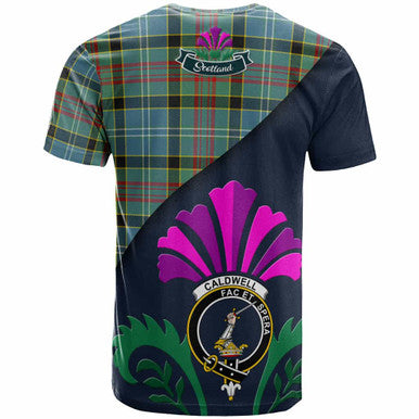 Scottish Caldwell Clan Crest Tartan T-Shirt - Scotland Thistle Style Back Side Tartan Plaid