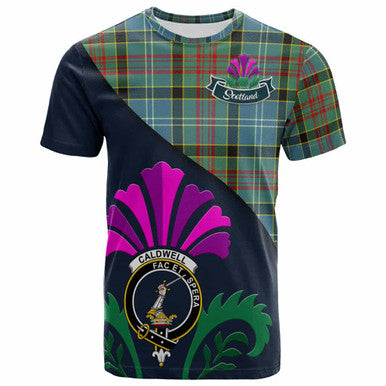 Scottish Caldwell Clan Crest Tartan T-Shirt - Scotland Thistle Style Front Side Tartan Plaid