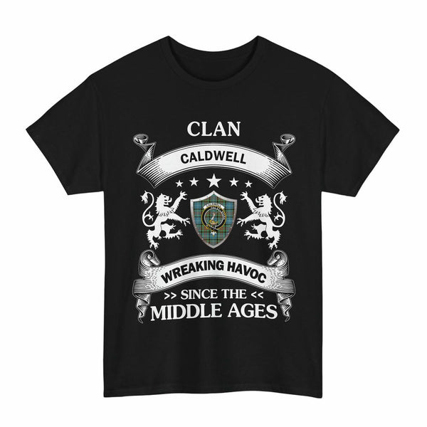 Scottish Caldwell Clan Crest Tartan T-Shirt Wreaking Havoc Design Tartan Plaid Black Color