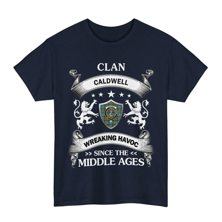 Scottish Caldwell Clan Crest Tartan T-Shirt Wreaking Havoc Design Tartan Plaid Navy Color