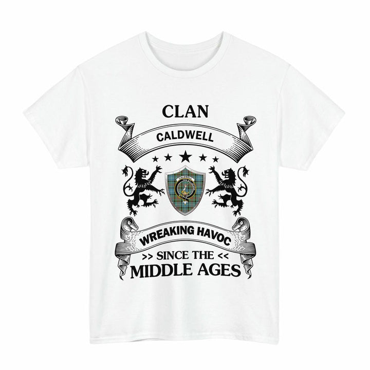 Scottish Caldwell Clan Crest Tartan T-Shirt Wreaking Havoc Design Tartan Plaid White Color