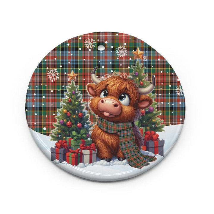 Scottish Caledonia Ancient Clan Tartan Ceramic Ornament Cute Highland Cow Christmas Circle Style Tartan Plaid