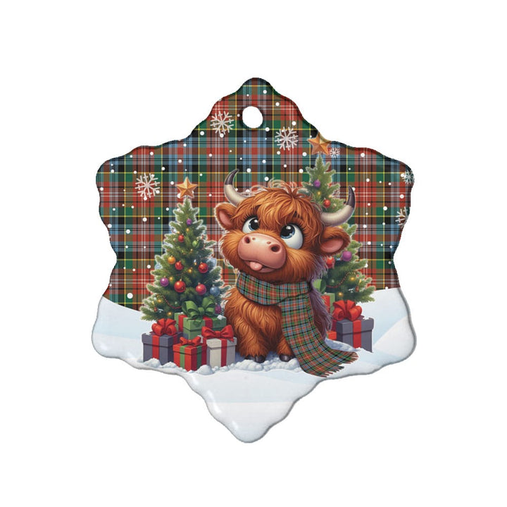 Scottish Caledonia Ancient Clan Tartan Ceramic Ornament Cute Highland Cow Christmas Snow Flake Style Tartan Plaid