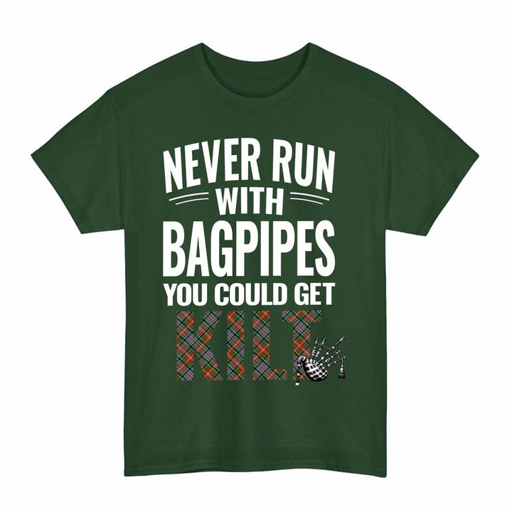 Scottish Caledonia Ancient Clan Tartan Never Run With Bagpipes T-Shirt Tartan Plaid Forest Green Color